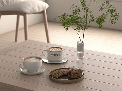 Freshly Brewed Coffee Mugs With Homemade Cookies On Wooden Table And Green Plant 3d model