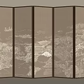 Five Panel Room Divider With Beige Panels Brown Frame And White Landscape Patterns 3d model