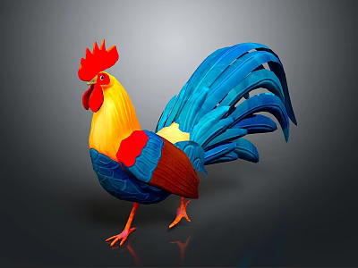 Colorful Rooster With Vibrant Feathers Red Comb Yellow Head And Blue Tail On Dark Background 3d model