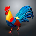 Colorful Rooster With Vibrant Feathers Red Comb Yellow Head And Blue Tail On Dark Background