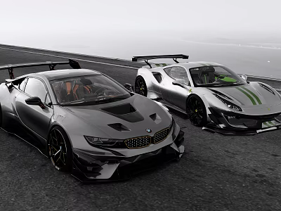 Sleek Sports Cars With Aerodynamic Design Parked Side By Side On Racing Track 3d model