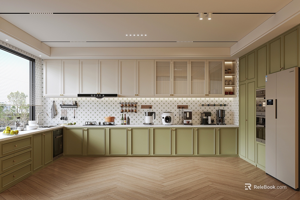 Modern Kitchen Interior Design With Green White Cabinets Wooden Floor And Appliances 3d model 