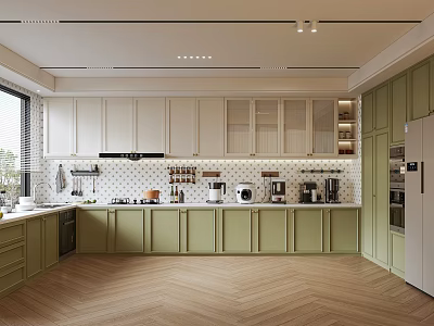 Modern Kitchen Interior Design With Green White Cabinets Wooden Floor And Appliances 3d model