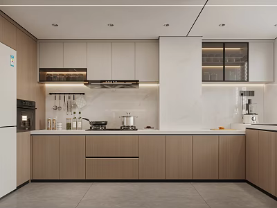 Modern Kitchen With Light Wood Cabinets White Countertop Under Cabinet Lighting And Appliances 3d model