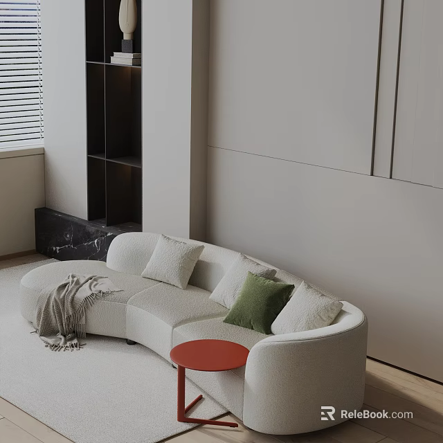 Curved Light Beige Three Seater Sofa with Green Beige Pillows Throw Blanket and Red Side Table 3d model 