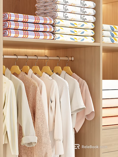 Colorful Shirts Hung in Wooden Wardrobe with Yellow Hangers and Folded Fabrics on Top 3d model 
