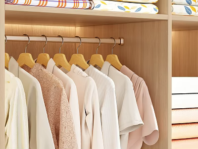 Colorful Shirts Hung in Wooden Wardrobe with Yellow Hangers and Folded Fabrics on Top 3d model