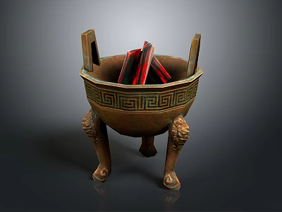Traditional Bronze Tripod Cauldron Decorative Ornament Set With Intricate Patterns And Red Items Inside 3d model