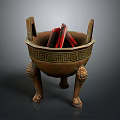 Traditional Bronze Tripod Cauldron Decorative Ornament Set With Intricate Patterns And Red Items Inside