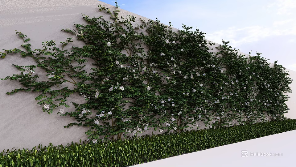 Lush Green Plant Wall with White Flowers and Foliage on Exterior Wall Under Blue Sky 3d model 