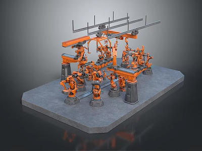 Orange Industrial Robotic Arms System With Multiple Automated Mechanical Equipment On Platform 3d model