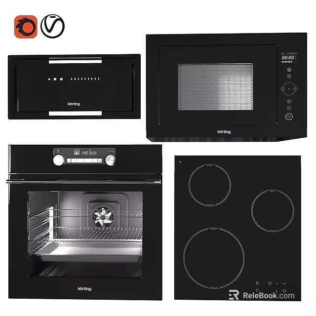 Sleek Black Modern Kitchen Appliances Set With Oven Microwave And Cooktop 3d model 