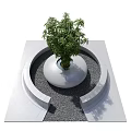 Park Landscape Featuring Circular Planter With Bamboo Plant And Gray Gravel Square Platform