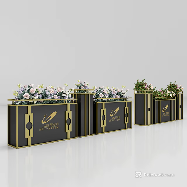 Stylish Black Garden Planters With Gold Trim And Fresh Floral Arrangements 3d model 