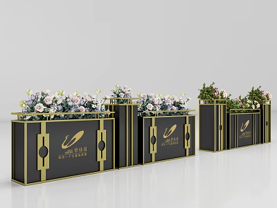 Stylish Black Garden Planters With Gold Trim And Fresh Floral Arrangements 3d model