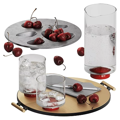 Transparent Glass with Ice Cubes and Fresh Cherries on Tray and Around 3d model