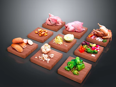 Raw Chicken Pieces and Whole Chicken on Wooden Cutting Boards with Fresh Vegetables and Nuts 3d model