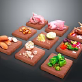 Raw Chicken Pieces and Whole Chicken on Wooden Cutting Boards with Fresh Vegetables and Nuts