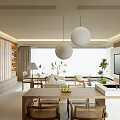 Modern Open Living Dining Room Interior With Wooden Table Chairs Pendant Lights TV And Cabinets