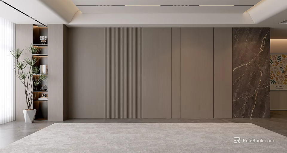 Modern Elegant Living Room Interior With Gray Tones Wooden Wall And Marble Accents 3d model 