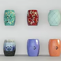 Vibrant Decorative Stools with Panda Floral and Diamond Patterns in Multiple Colors 3d model
