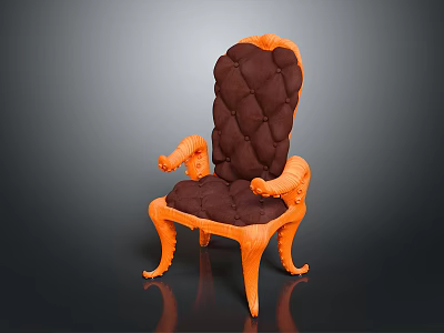 Ornate Armchair With Orange Carved Frame Dark Brown Tufted Cushion And Ornate Legs 3d model