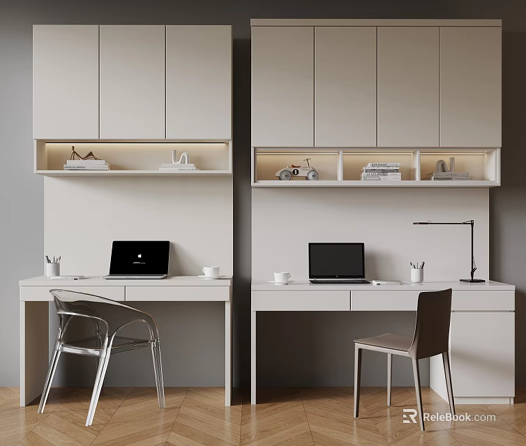 Modern Home Office Desk With Laptop Cabinets Under Cabinet Lighting And Chair 3d model 