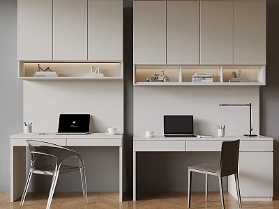 Modern Home Office Desk With Laptop Cabinets Under Cabinet Lighting And Chair 3d model