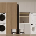 Stacked Washing Machines in Wooden and White Cabinets Modern Laundry Storage Design