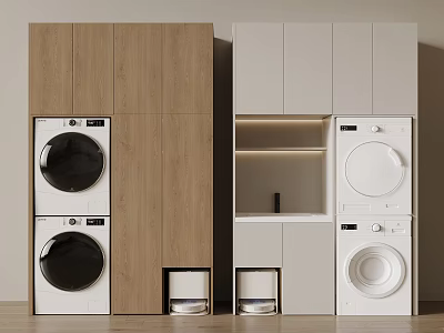 Stacked Washing Machines in Wooden and White Cabinets Modern Laundry Storage Design 3d model
