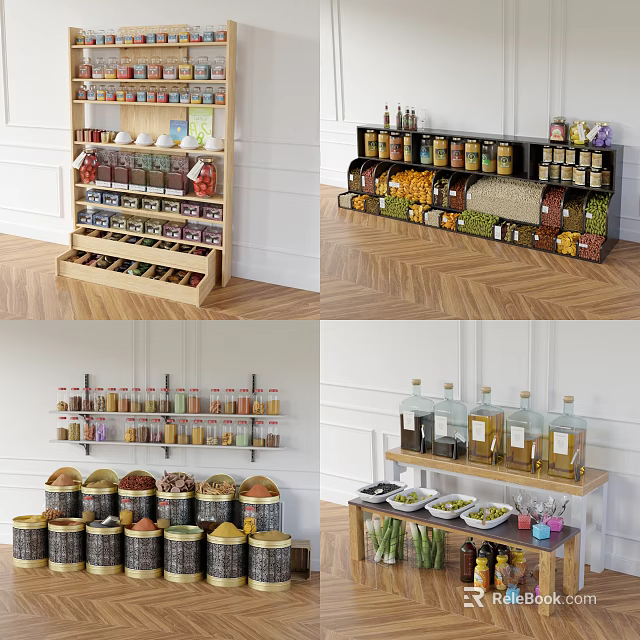 Wooden Multi Tiered Display Shelves For Organizing Food Jars And Bottles 3d model 
