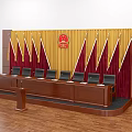 Conference Room Functional Table with Yellow Curtain Red Emblem Red Flags and Dark Chairs