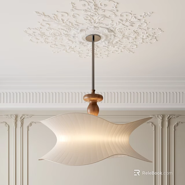 Unique Shaped Pendant Light Illuminating Elegant Interior With Ornate Ceiling And Paneled Walls 3d model 