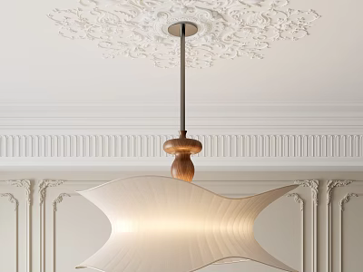 Unique Shaped Pendant Light Illuminating Elegant Interior With Ornate Ceiling And Paneled Walls 3d model