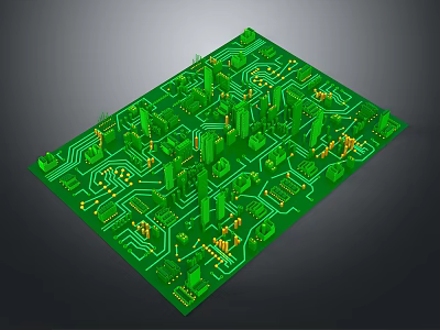 Detailed Green Computer Circuit Board Featuring Intricate Circuits And Electronic Components 3d model