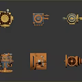 3D Rendered Vintage Industrial Mechanical Equipment Models with Gears Valves Pipes Orange Blue Metal Texture
