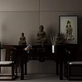 Classic Wooden Buddhist Shrine Cabinet With Buddha Statues And Decorative Items In Serene Room