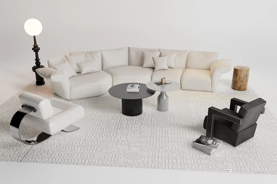 Modern White L Shaped Sofa And Round Coffee Table Set With Plush Cushions In Living Room 3d model 
