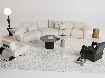Modern White L Shaped Sofa And Round Coffee Table Set With Plush Cushions In Living Room 3d model