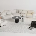 Modern White L Shaped Sofa And Round Coffee Table Set With Plush Cushions In Living Room