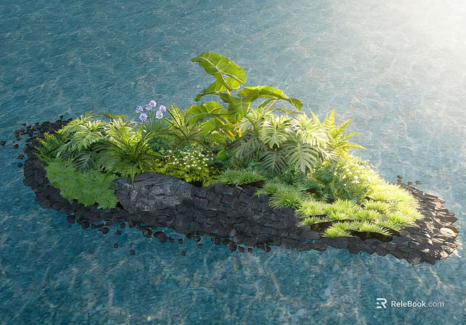 Lush Tropical Plant Combination on Stone Edged Water Island with Ferns and Purple Flowers 3d model 