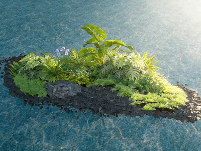 Lush Tropical Plant Combination on Stone Edged Water Island with Ferns and Purple Flowers 3d model