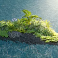 Lush Tropical Plant Combination on Stone Edged Water Island with Ferns and Purple Flowers