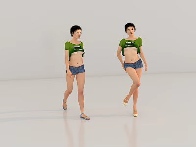 Two Women Posing In Green Crop Tops And Denim Shorts On White Studio Background 3d model