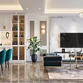 Modern Living Dining Room With Green Velvet Sofa Gold Legs And Marble Wall