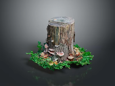 Rustic Tree Stump Surrounded by Lush Green Moss and Wild Mushrooms 3d model