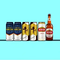 Assorted Beer Cans And Bottle With Colorful Labels On Blue Background 3d model
