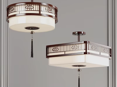 Chinese Style Round And Square Pendant Lights With Wooden Frame White Lampshade And Tassels 3d model