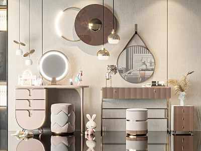 Elegant Modern Dressing Table Interior Design With Round Mirror Stool And Decorative Pendant Lights 3d model