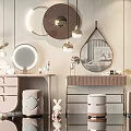 Elegant Modern Dressing Table Interior Design With Round Mirror Stool And Decorative Pendant Lights 3d model